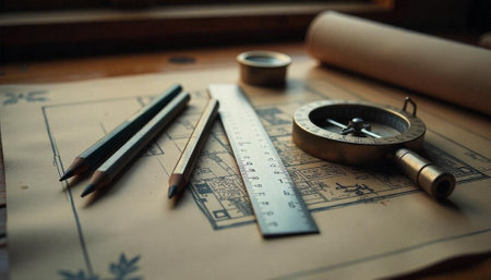 Vintage architectural design tools resting on aged paper blueprintの写真素材