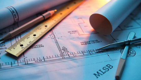 Architectural blueprint with drafting tools under blue toned light