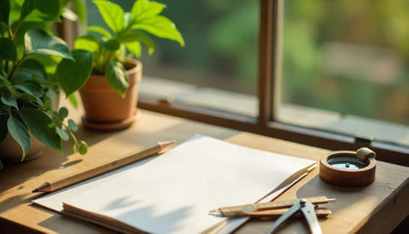 Blank paper on wooden desk with plants by window