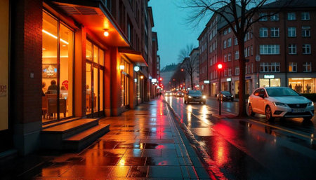 City street scene with reflections on a rainy nightの写真素材