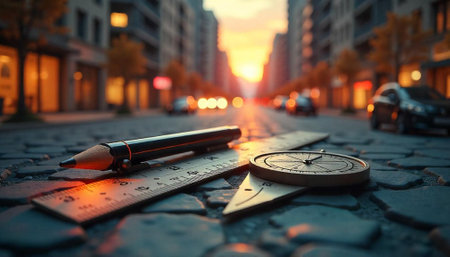 Drafting tools on street during sunset in the cityの写真素材