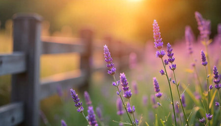 Lavender blooms with wooden fence bathed in golden sunset lightの写真素材