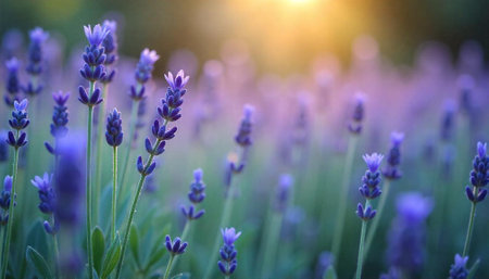 Lavender field bathed in soft light at golden hourの写真素材