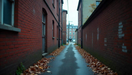 Urban Alleyway with Brick Buildings and Autumn Leavesの写真素材