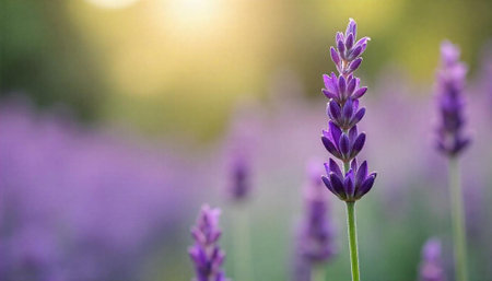 Macro lavender blossoms against a blurred background of lavender fieldの写真素材
