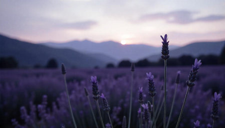 Lavender field at sunset with mountains in soft focusの写真素材