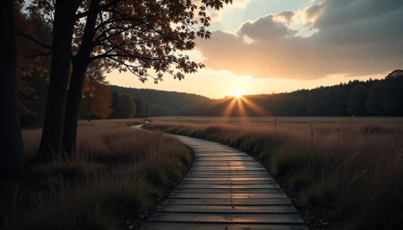 Wooden Path Through Autumnal Meadow at Sunset or Sunriseの写真素材