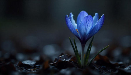 Single vibrant crocus flower blooming against a dark backgroundの写真素材