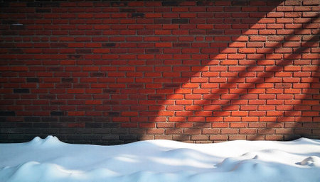 Brick wall with shadow and snow at the baseの写真素材