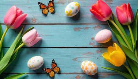 Pastel tulips with Easter eggs and butterflies on wood
