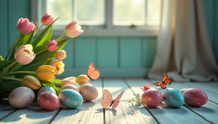 Pastel easter eggs and tulips with butterflies on wooden floor
