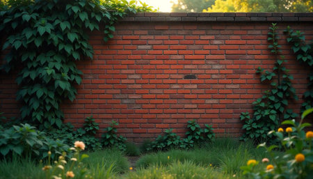 Red brick wall with vines and green foreground plantsの写真素材