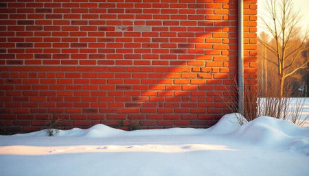 Winter scene of brick wall and snowdrifts at sunsetの写真素材