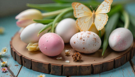 Elegant Easter eggs and butterfly still life arrangement