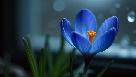 Single Vibrant Blue Crocus Flower Against a Dark Backdropの写真素材