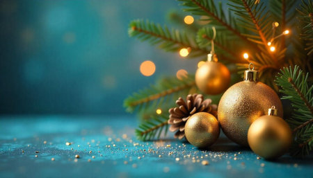 Festive golden ornaments and fir branches on teal background