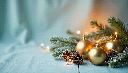 Elegant Christmas decorations with golden ornaments on a light surfaceの写真素材