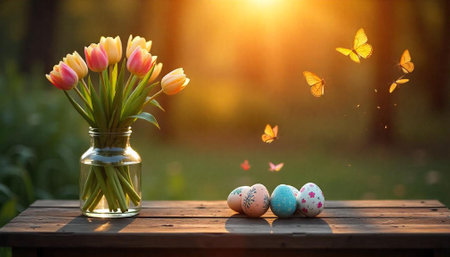 Tulips in vase with decorated eggs and butterflies outdoorの写真素材