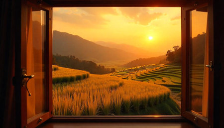 Golden sunset over rice terraces seen through open windowの写真素材