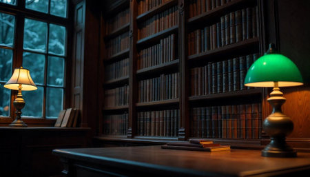 Cozy library with books and lamps in dark academia styleの写真素材