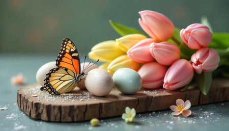 Pastel tulips butterfly eggs on a rustic wooden boardの写真素材