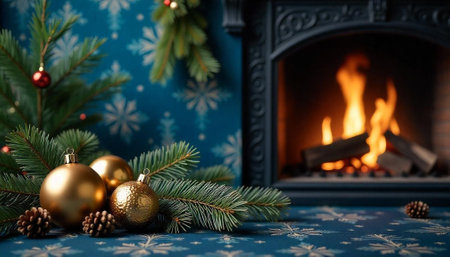 Cozy Christmas fireplace scene with gold ornaments and pineの写真素材