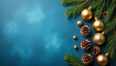 Festive Christmas arrangement on a blue background with copy spaceの写真素材