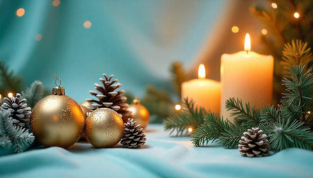 Festive Christmas Still Life with Candles, Ornaments, and Pineconesの写真素材