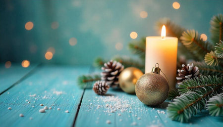Cozy Christmas still life with candle and decorations
