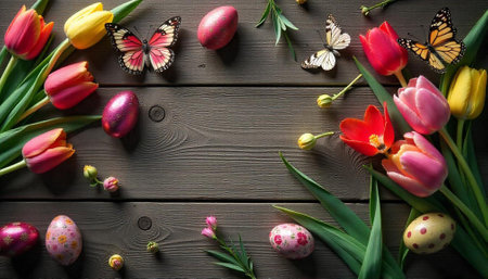 Springtime tulips, Easter eggs, butterflies on rustic wooden backgroundの写真素材