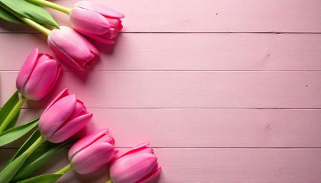 Pink tulips arranged on a pink wooden surface backdropの写真素材
