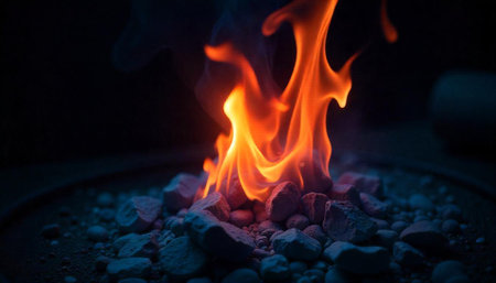 Vibrant flames dance above pile of stones in darkness