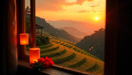 Warm window view of rice terraces at sunset glowの写真素材