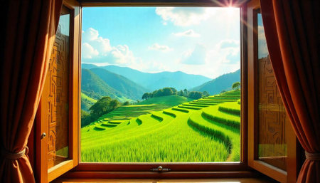 Open window view of vibrant rice terraces landscapeの写真素材