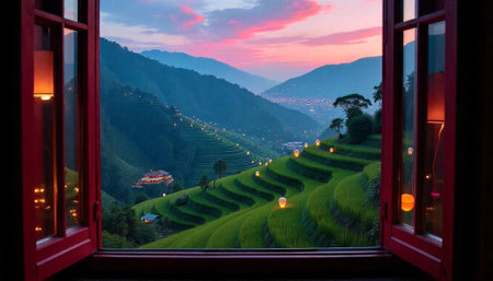 Terraced rice fields at dusk viewed through open windowの写真素材