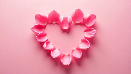 Pink petals forming heart shape on pink background top viewの写真素材