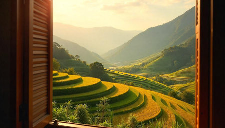 Terraced rice fields visible through an open windowの写真素材