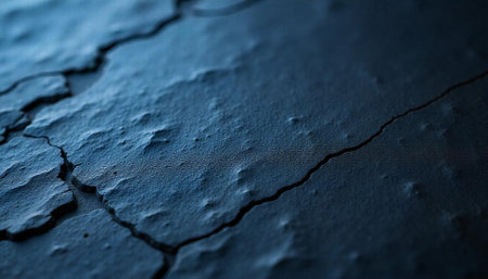Cracked blue surface with rough texture and stark lightingの写真素材