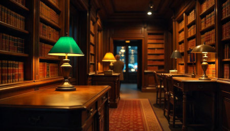 Warm library with vintage desks, bookshelves, and lamp light