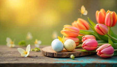 Pastel Easter eggs and tulips on rustic wooden surface