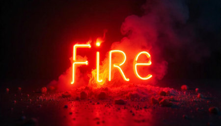 Glowing Neon FIRE Sign Against Dark Backdrop with Smokeの写真素材