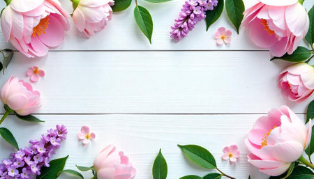 Floral frame of pink peonies and lilac on white backgroundの写真素材