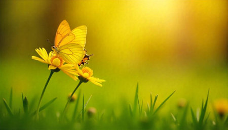 Yellow butterfly perched on daisy in sunlit meadowの写真素材