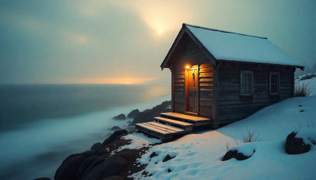 Seaside cabin at sunset with snow covered landscapeの写真素材