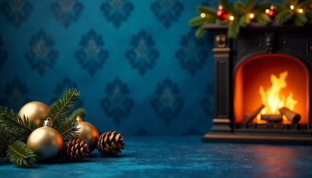Elegant Christmas decoration with ornaments and fireplace in backgroundの写真素材