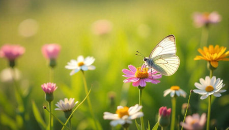 Butterfly on pink flower amidst blurred wildflowers fieldの写真素材