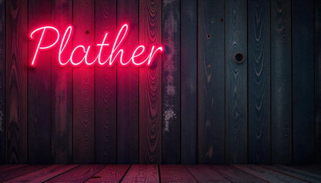 Glowing neon sign on weathered wooden wall backdropの写真素材