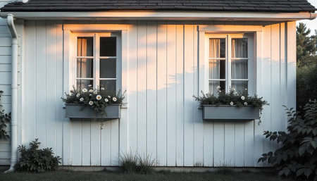 Charming white house facade with window boxes and flowers