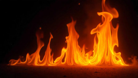 Bright orange fire burning against a dark backgroundの写真素材