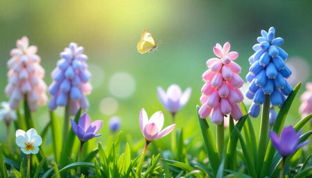 Spring meadow flowers and butterfly sunny floral sceneの写真素材